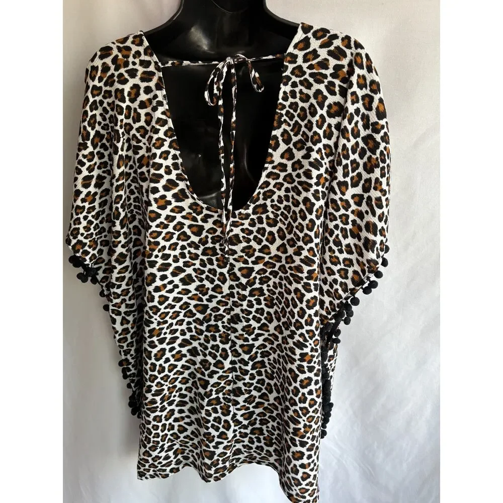 Xhilaration Leopard Cheetah Pom Pom Trim Kaftan Swim Cover Batwing Sleeve Size M